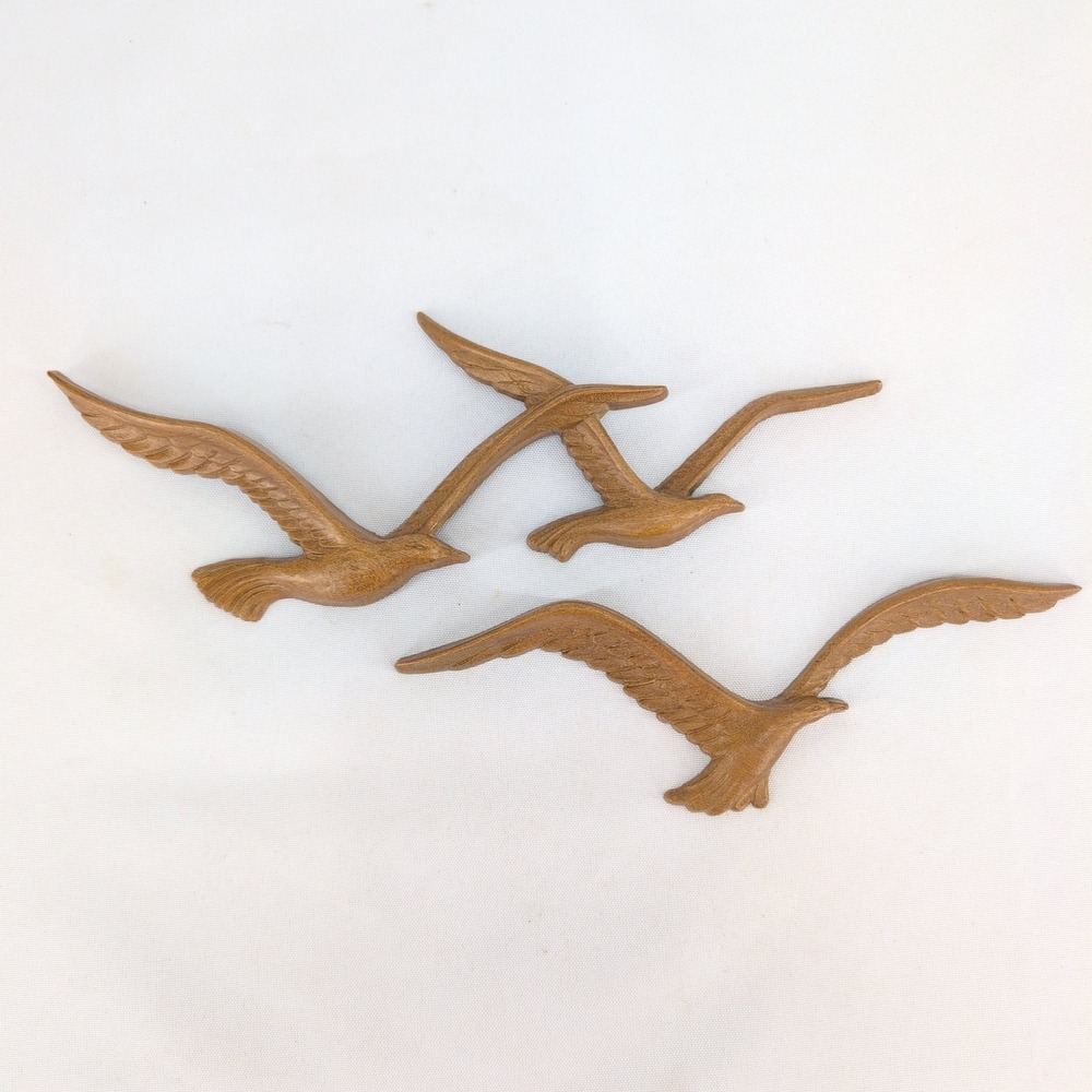 Homco Wall Hanging Brown Vintage Seagulls Flying Faux Wood Set 2 1981 7610